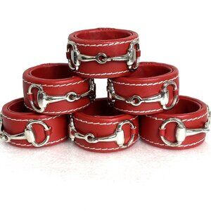 Napkin Rings Red Faux Leather w/ Silver Metal Buckle Set of Six  Vintage EUC